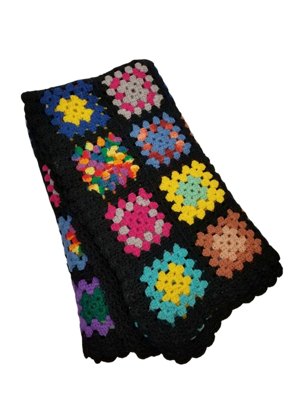 Granny Square Crochet Rectangle Blanket Sofa Throw Black Multicolor